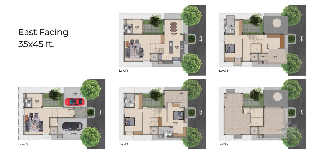 East Facing 35x45 Villa Floor Plans – All Levels