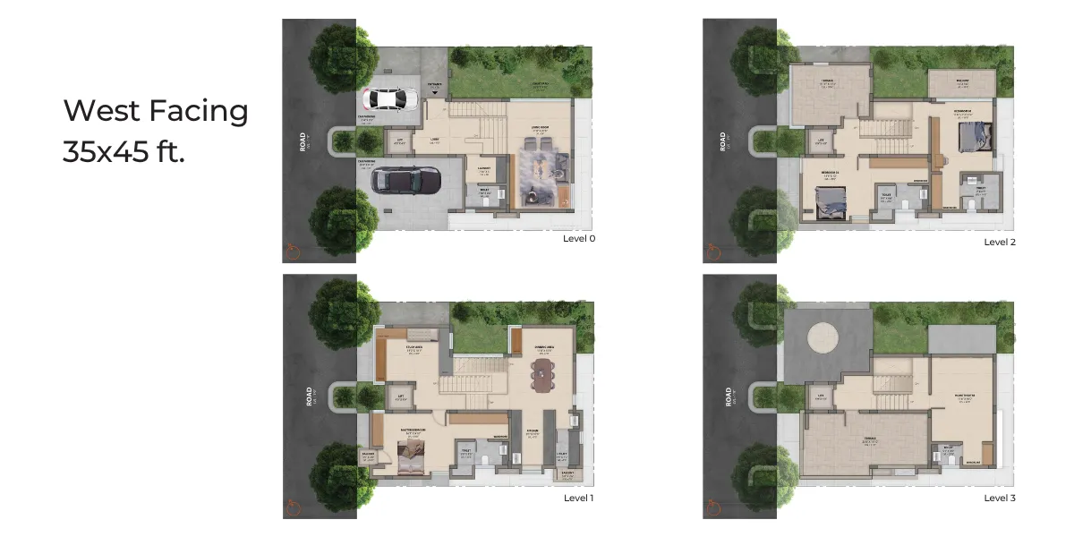 West Facing 35x45 Villa Floor Plans – All Levels
